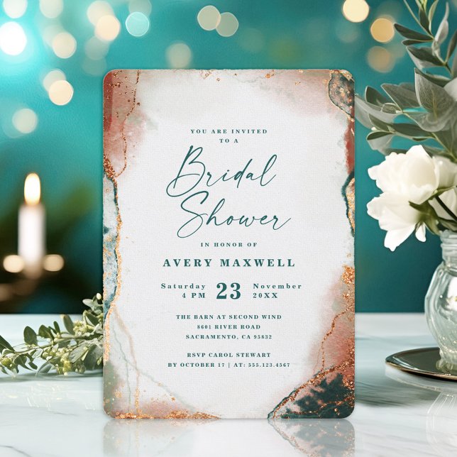 Invitación Resumen: ducha de novia Verde azulada oscura y de  (A chic invitation featuring a blend of teal and copper, perfect for celebrating a bridal shower.)