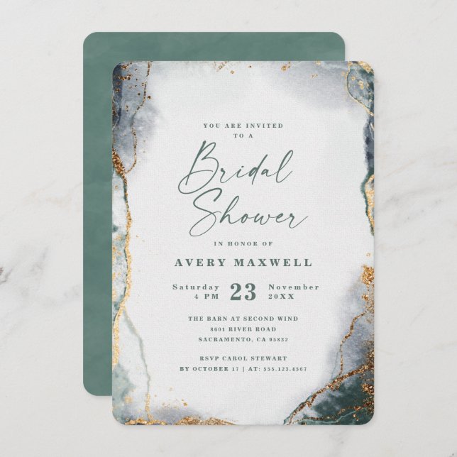 Invitación Resumen Eucalyptus Ducha de Novias Verde y Oro (Anverso / Reverso)