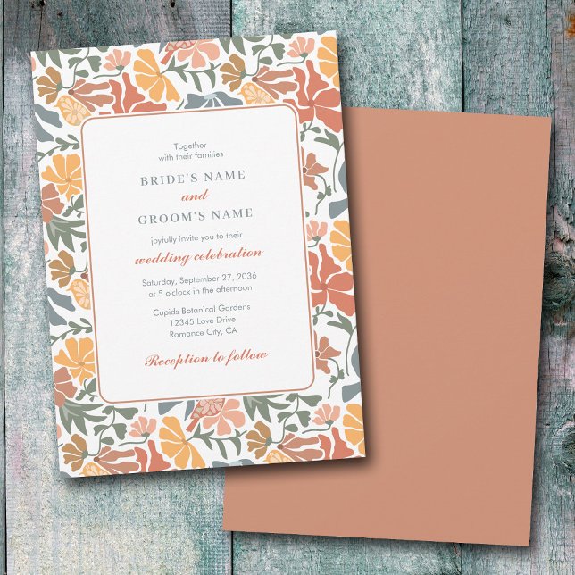 Invitación Resumen Floral y pájaros Boda moderno de mediados  (Abstract Floral & Birds Mid Century Modern Wedding Invitation)