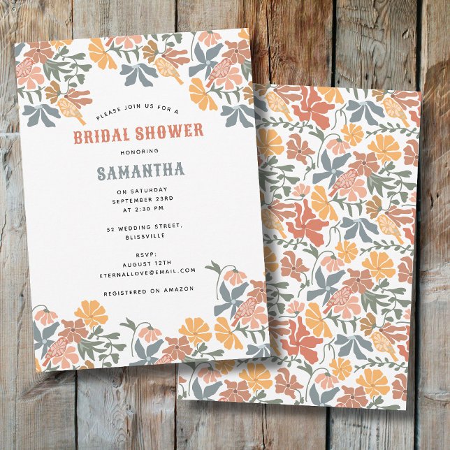 Invitación Resumen Floral y pájaros Ducha nupcial a mediados  (Abstract Floral & Birds Mid Century Bridal Shower Invitation)