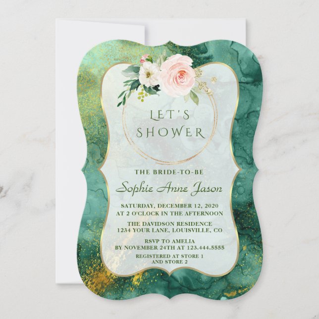 Invitación Resumen Flores rosadas de oro malaquita ducha de n (Anverso)