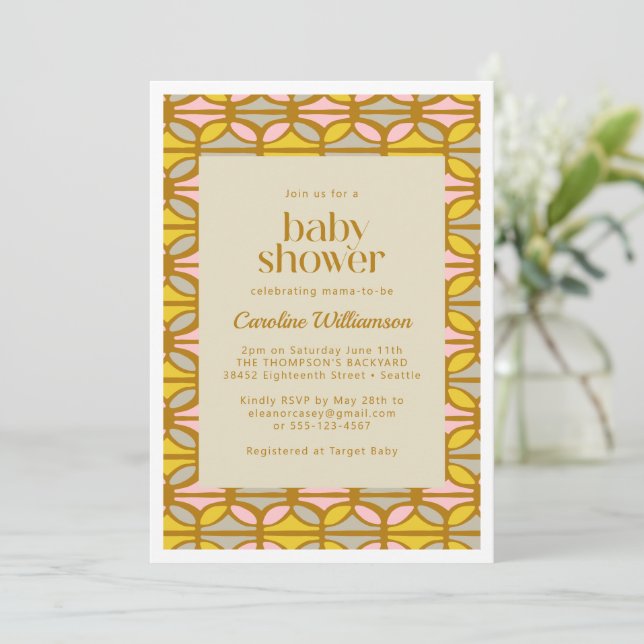 Invitación Resumen Formas Patrón Baby Shower amarillo rosa (Anverso de pie)