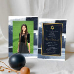 Invitación Resumen Foto dorada azul Bat Mitzvah<br><div class="desc">Descubra la exquisita fusión del diseño abstracto y el significado cultural en esta invitación al Relieve metalizado Mitzvah del Abstract Blue Gilded Photo Bar. Con un intrincado diseño artístico inspirado en la belleza del patrimonio judaico, esta invitación sentará las bases para una celebración inolvidable que combina lo mejor de lo...</div>