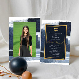 Invitación Resumen Foto dorada azul Bat Mitzvah