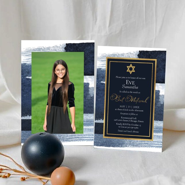 Invitación Resumen Foto dorada azul Bat Mitzvah (Subido por el creador)