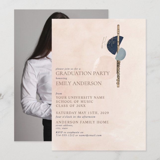 Invitación Resumen Graduación de fotos de flauta de oro rosa  (Anverso / Reverso)