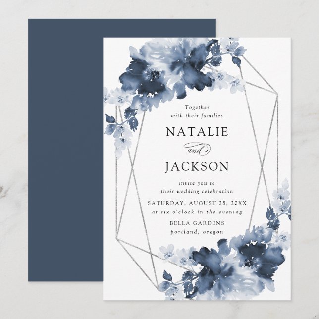Invitación Resumen Indigo Floral | Boda de marco geométrico (Anverso / Reverso)