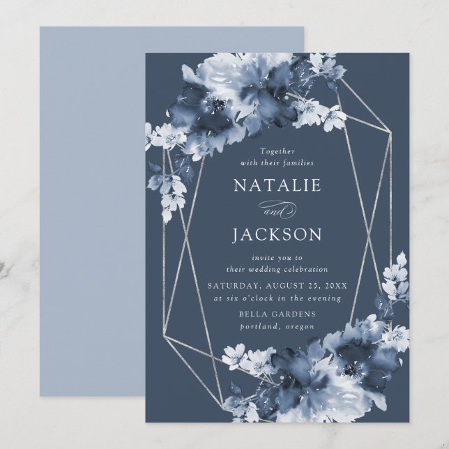 Invitación Resumen Indigo Floral | Boda de marco geométrico (Anverso / Reverso)