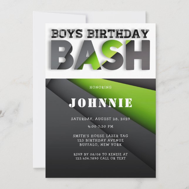 Invitación Resumen Lime Green Black Boys Bash Birday Party (Anverso)