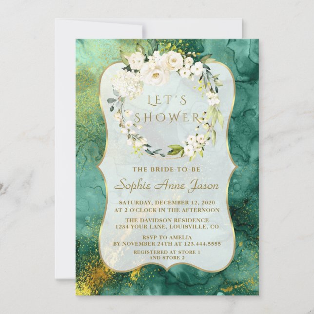 Invitación Resumen Malaquita Oro Floral Blanca Floral Ducha d (Anverso)