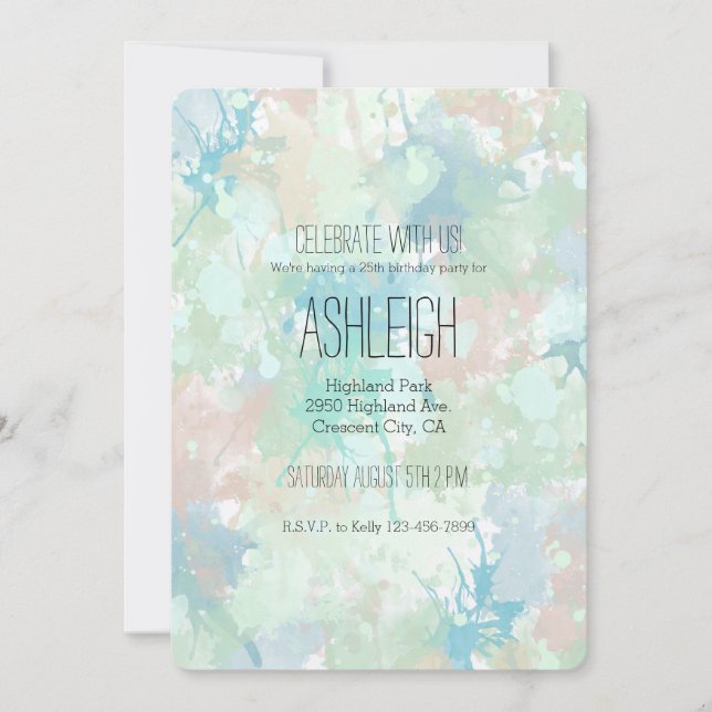 Invitación Resumen Mint Blue Watercolor Splashar cumpleaños (Anverso)