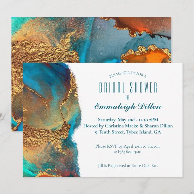 Invitación Resumen místico Verde azulado Coral Gold Bridal Sh (Anverso / Reverso)