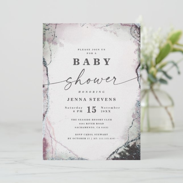 Invitación Resumen moderno Baby Shower morado y verde (Anverso de pie)