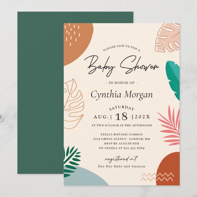 Invitación Resumen moderno Baby Shower tropical lindo (Anverso / Reverso)