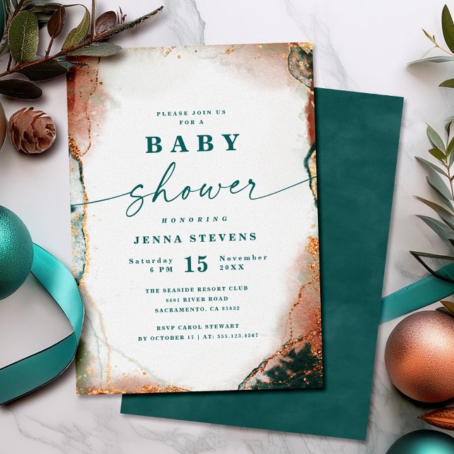Invitación Resumen moderno Baby Shower Verde azulado oscuro y (Modern teal and copper baby shower invitation with abstract design.)