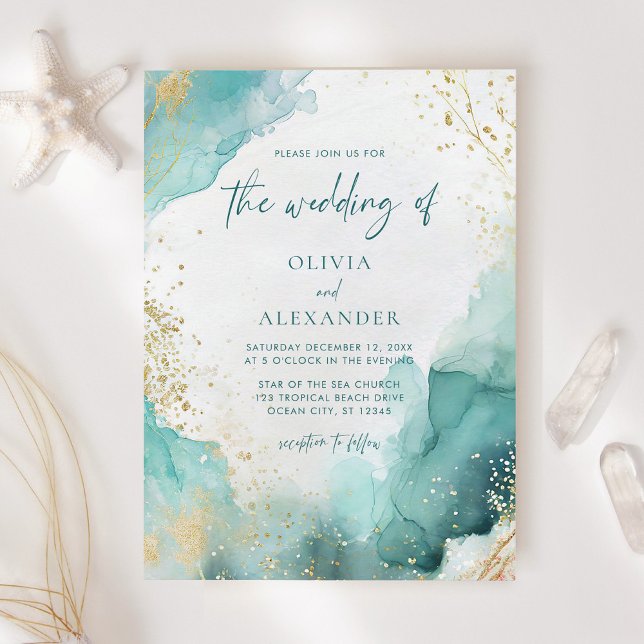 Invitación Resumen moderno Boda Verde azulada Gold Beach (Subido por el creador)