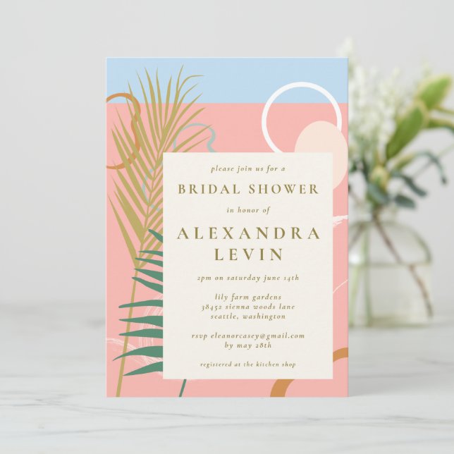 Invitación Resumen moderno Ducha de Novias Azul Rosa Botánico (Anverso de pie)