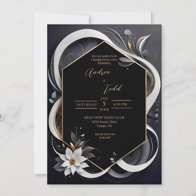 Invitación Resumen moderno elegante boda blanco y dorado (Anverso)