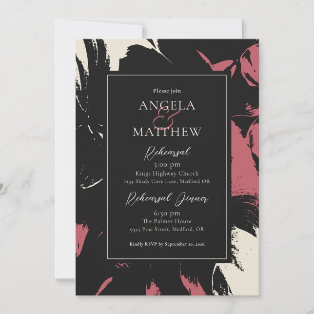 Invitación Resumen moderno Floral Magenta negro (Anverso)