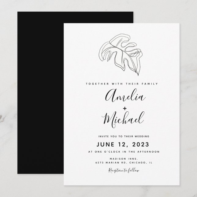 Invitación Resumen Monstera Boda botánico dibujado a mano (Anverso / Reverso)