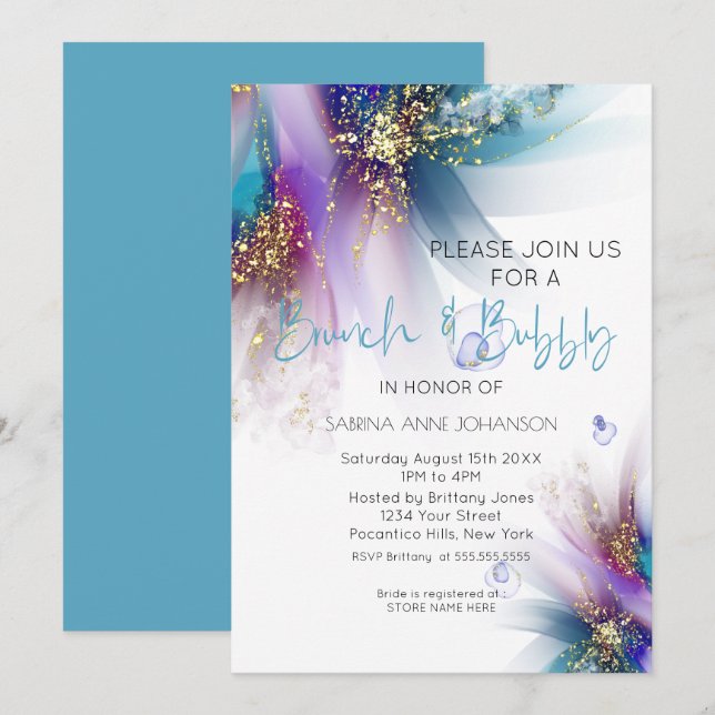 Invitación Resumen morado brunch y bubbly Verde azulado (Anverso / Reverso)