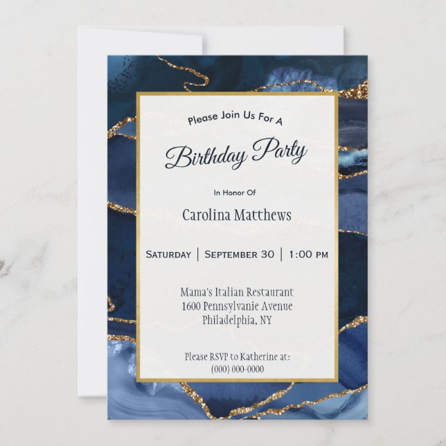 Invitación Resumen Navy azul agate acuarela Cumpleaños (Anverso)