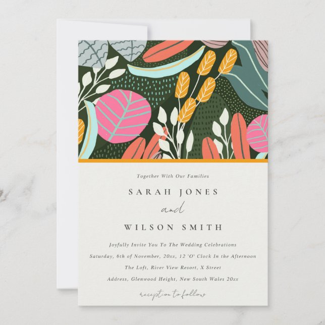Invitación Resumen Negrita Boda botánico tropical colorido (Anverso)