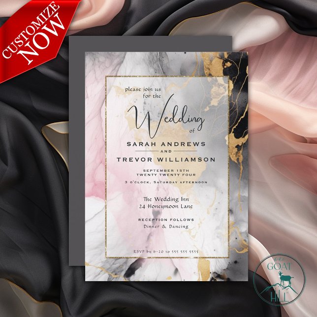 Invitación Resumen Paint Black Gold Rosa Pink (Easy to Personalize Template)