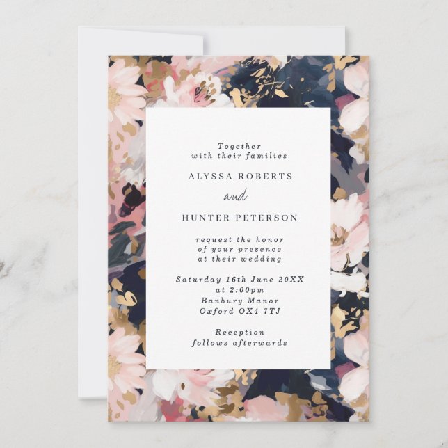 Invitación Resumen Painterly Rubor y Boda floral de la Marina (Anverso)