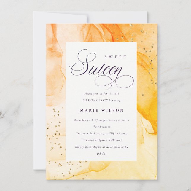 Invitación Resumen Pastel Naranja amarillo Dulce 16 Cumpleaño (Anverso)