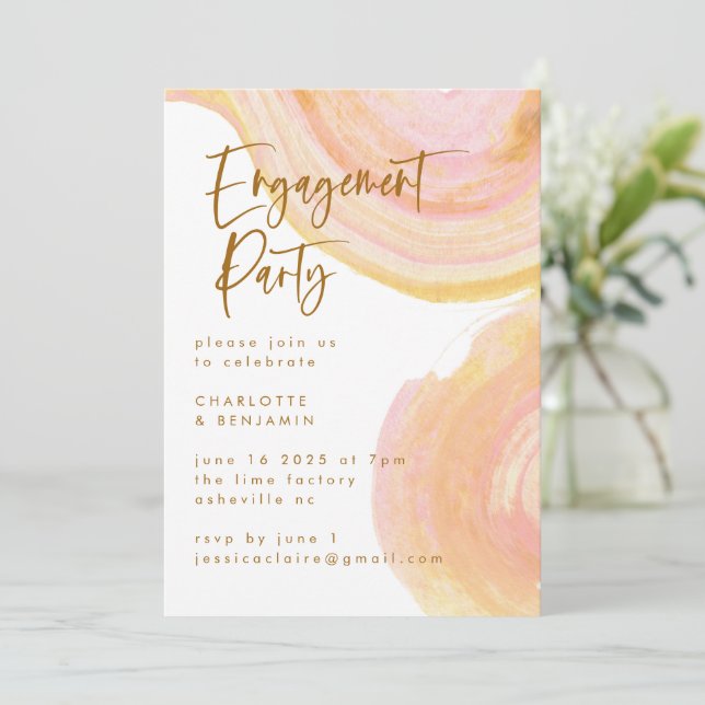 Invitación Resumen Peach Paint Swirl Engagement Party (Anverso de pie)