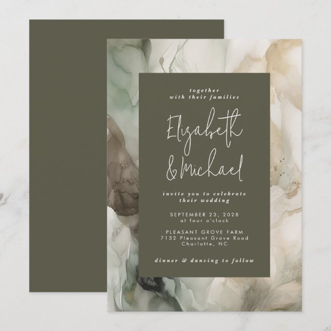 Invitación Resumen Pintado Boda verde oscuro moderno (Anverso / Reverso)