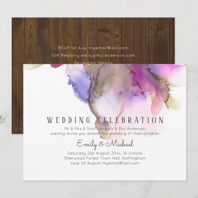 Invitación Resumen presupuestario Boda púrpura arcoiris (Anverso / Reverso)