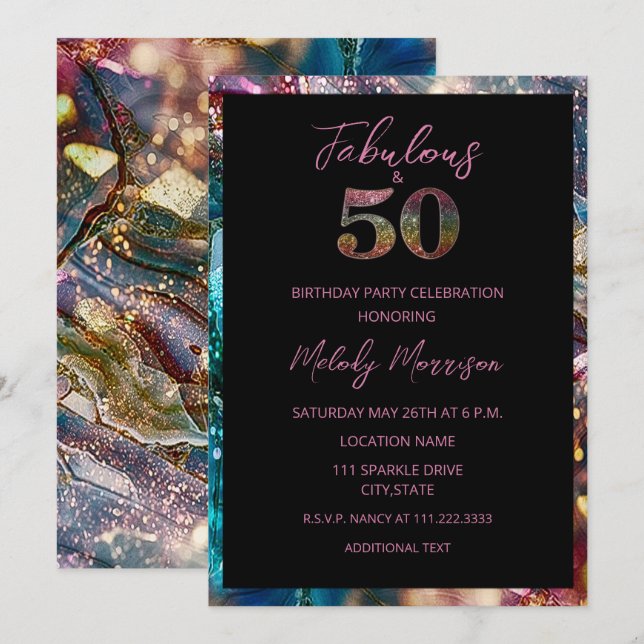 Invitación Resumen Purpurina colorido 50 cumpleaños (Anverso / Reverso)