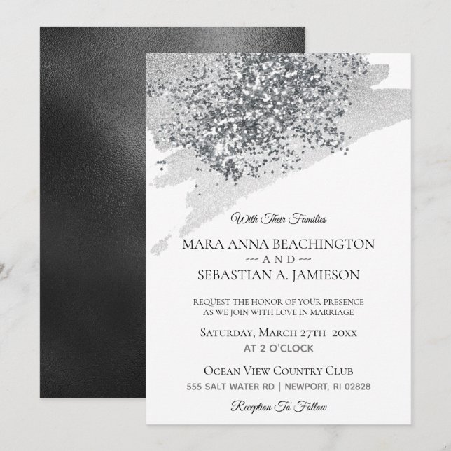 Invitación *~* Resumen Purpurina plateado de pincel gris (Anverso / Reverso)