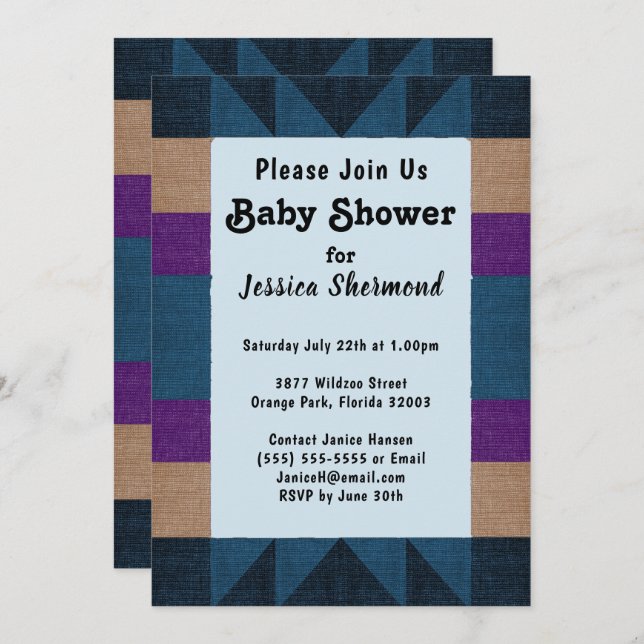 Invitación Resumen tribal azteca Baby Shower Blue Purple Tan (Anverso / Reverso)