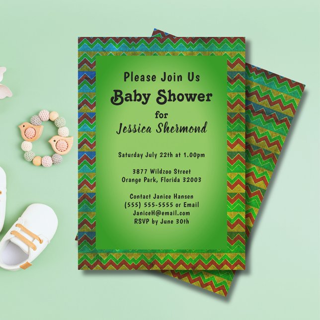 Invitación Resumen tribal azteca Baby Shower Chevron Green (Aztec Tribal Abstract Baby Shower Chevron Green Invitation)