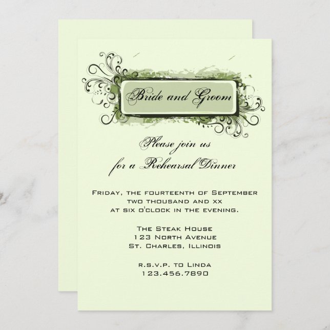 Invitación Resumen verde Boda floral Ensayo de la cena (Anverso / Reverso)