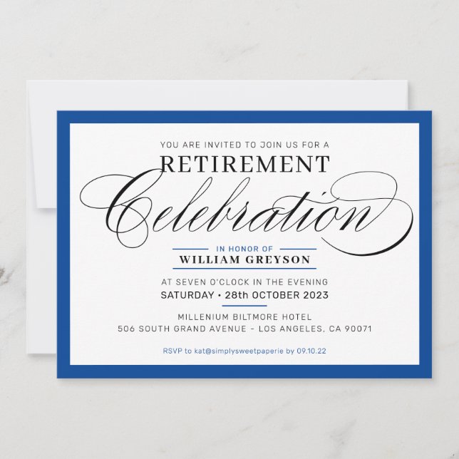 Invitación RETIRADA FORMAL FIESTA elegante moderno azul real (Anverso)