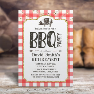 Invitación Retirement BBQ Fiesta String Luces Red Plaid