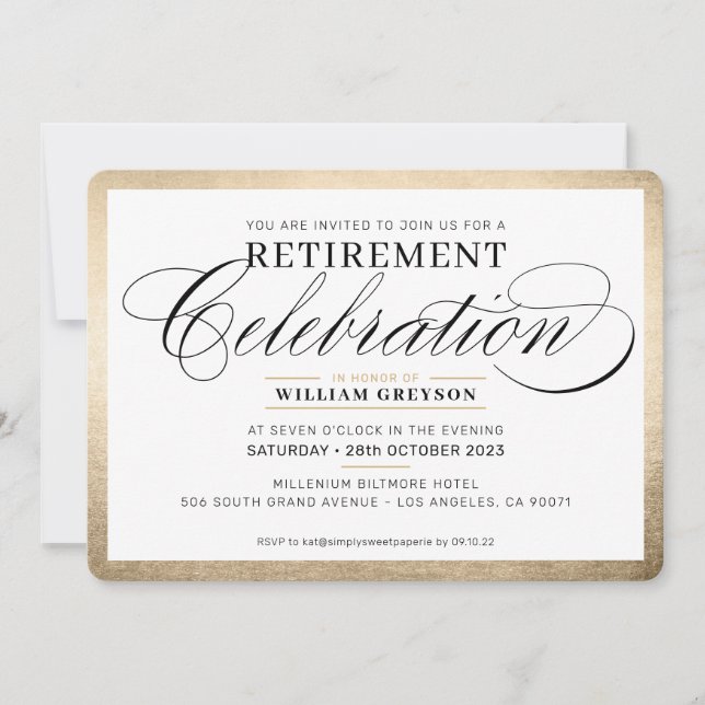 Invitación RETIREMENT CELEBRATION CENNER elegante oro negro (Anverso)