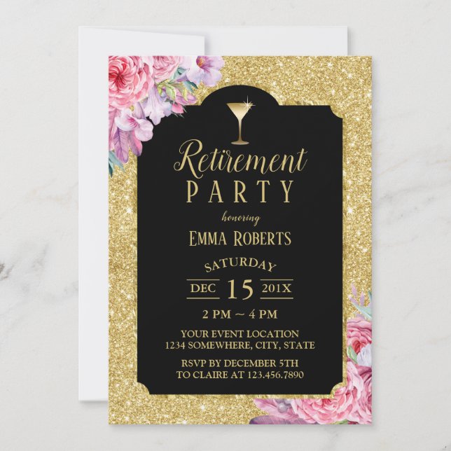 Invitación Retirement Cocktail Fiesta Floral de oro moderno (Anverso)