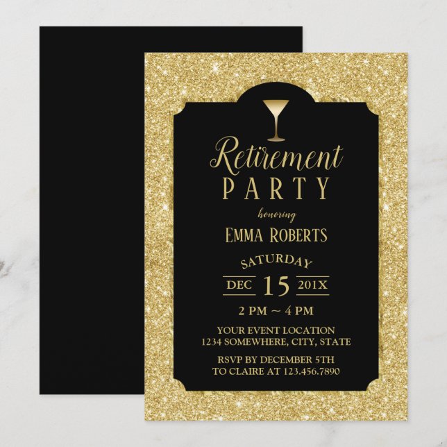 Invitación Retirement Cocktail Wine Fiesta Moderno Negro & Or (Anverso / Reverso)