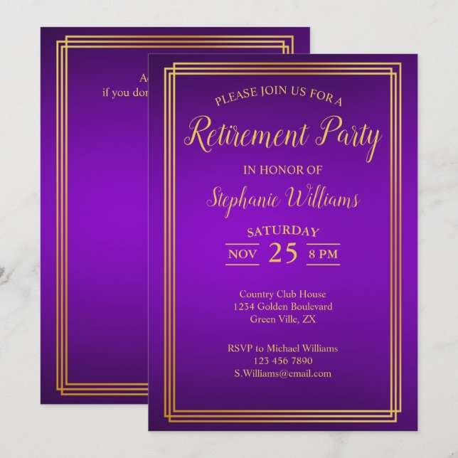 Invitación Retirement Corporate Elegant Purple Gold (Anverso / Reverso)