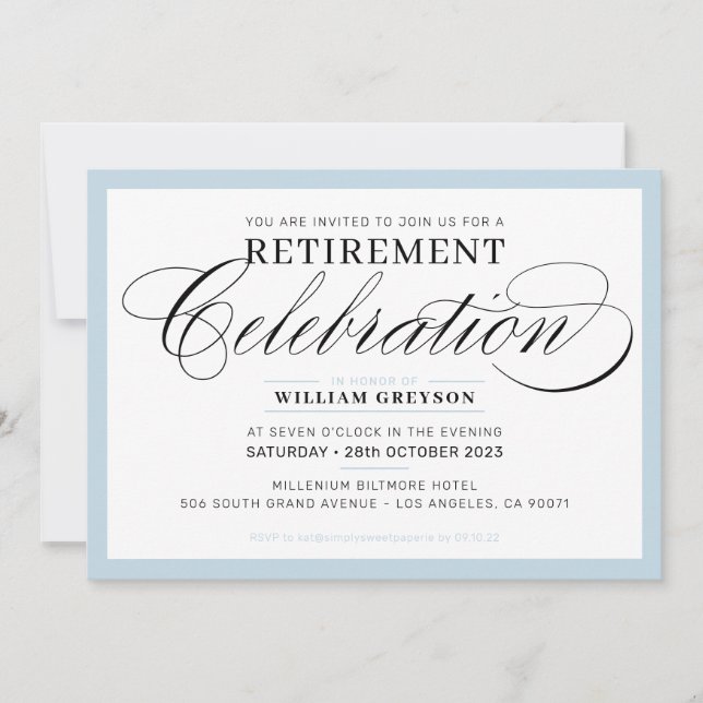 Invitación RETIREMENT FORMAL FIESTA moderno elegante azul pál (Anverso)