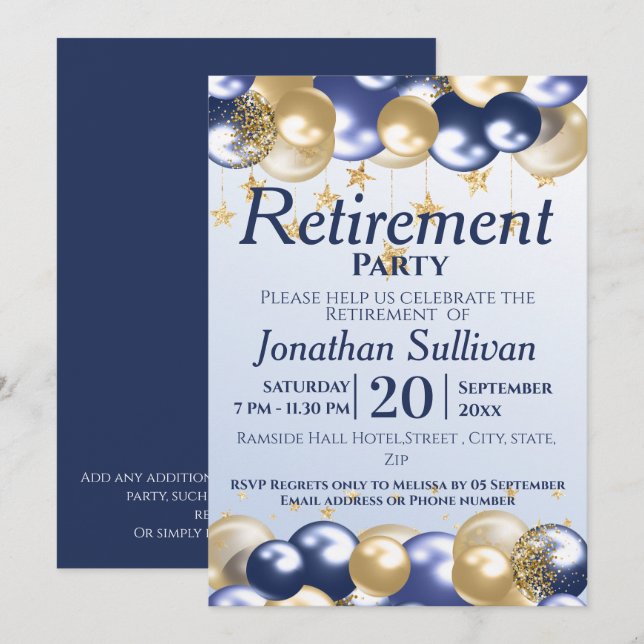 Invitación Retirement Navy Gold Balloons Party (Anverso / Reverso)