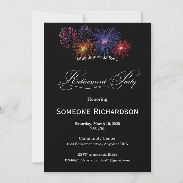 Invitación Retirement Party Announcement with Fireworks (Anverso)