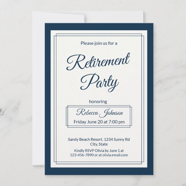 Invitación Retirement Party Classic Simple Navy And Cream (Anverso)