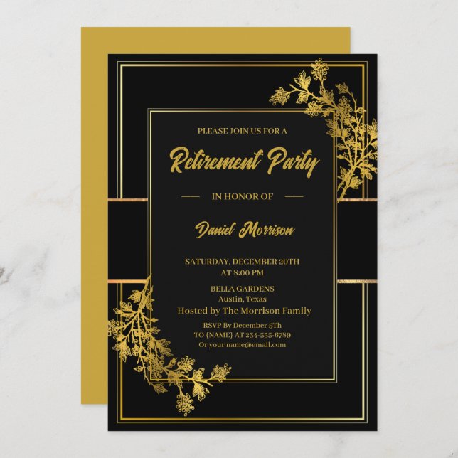 Invitación Retirement Party Elegant Black Gold 2026 (Anverso / Reverso)