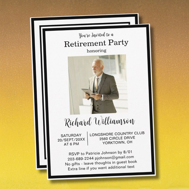 Invitación Retirement Party Elegant Black White Photo  (Subido por el creador)